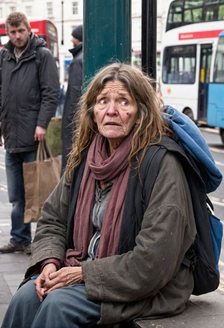 20223-3762223390-1 woman, homeless, beggard, detailed face, sit , bus stop ,  body shot, crazyness, london street.jpg